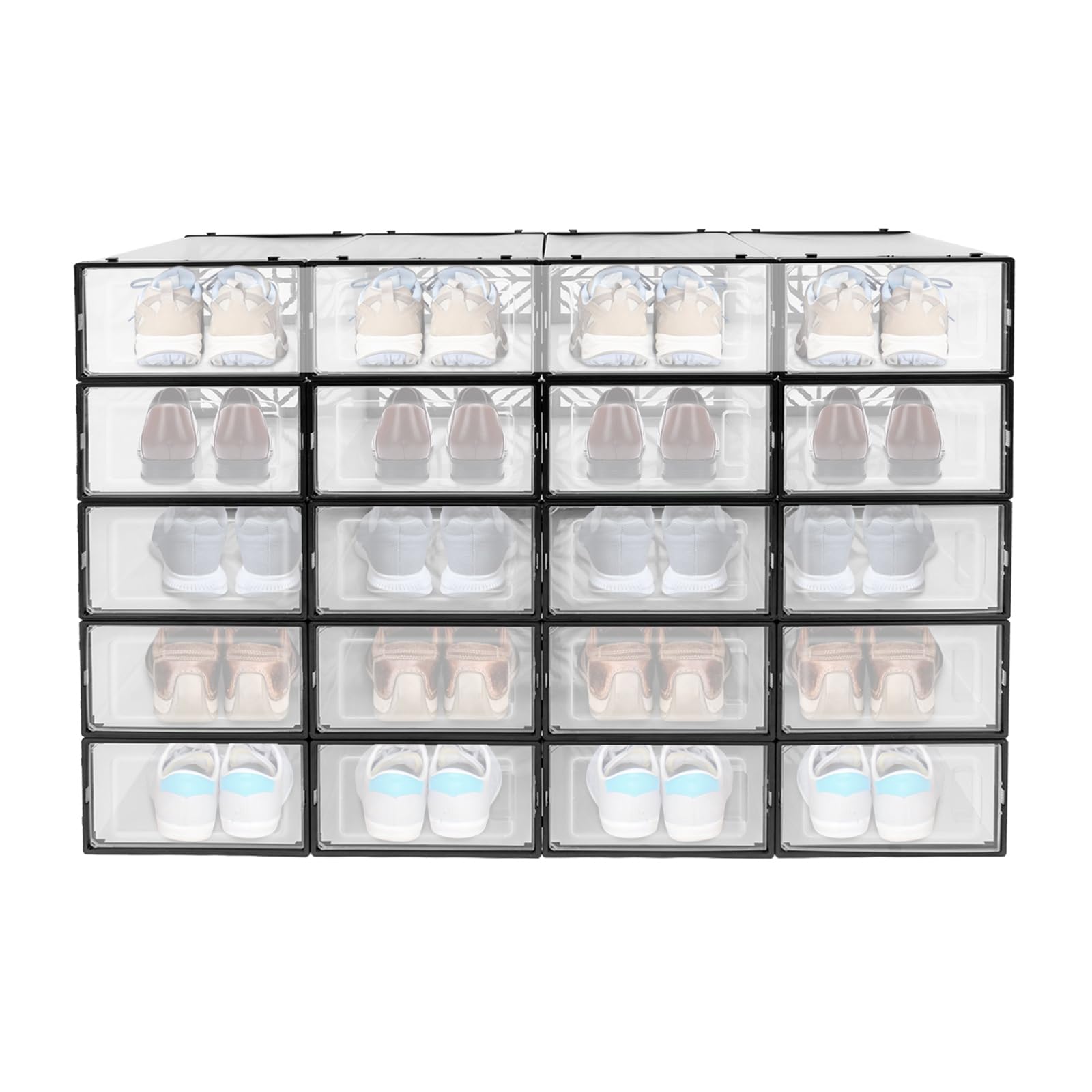 Scatole per scarpe impilabili, trasparenti, 20 pezzi, con coperchio, per soggiorno, camera da letto, per riporre vestiti, libri, CD, cinture, 92 x 70 x 34,5 cm