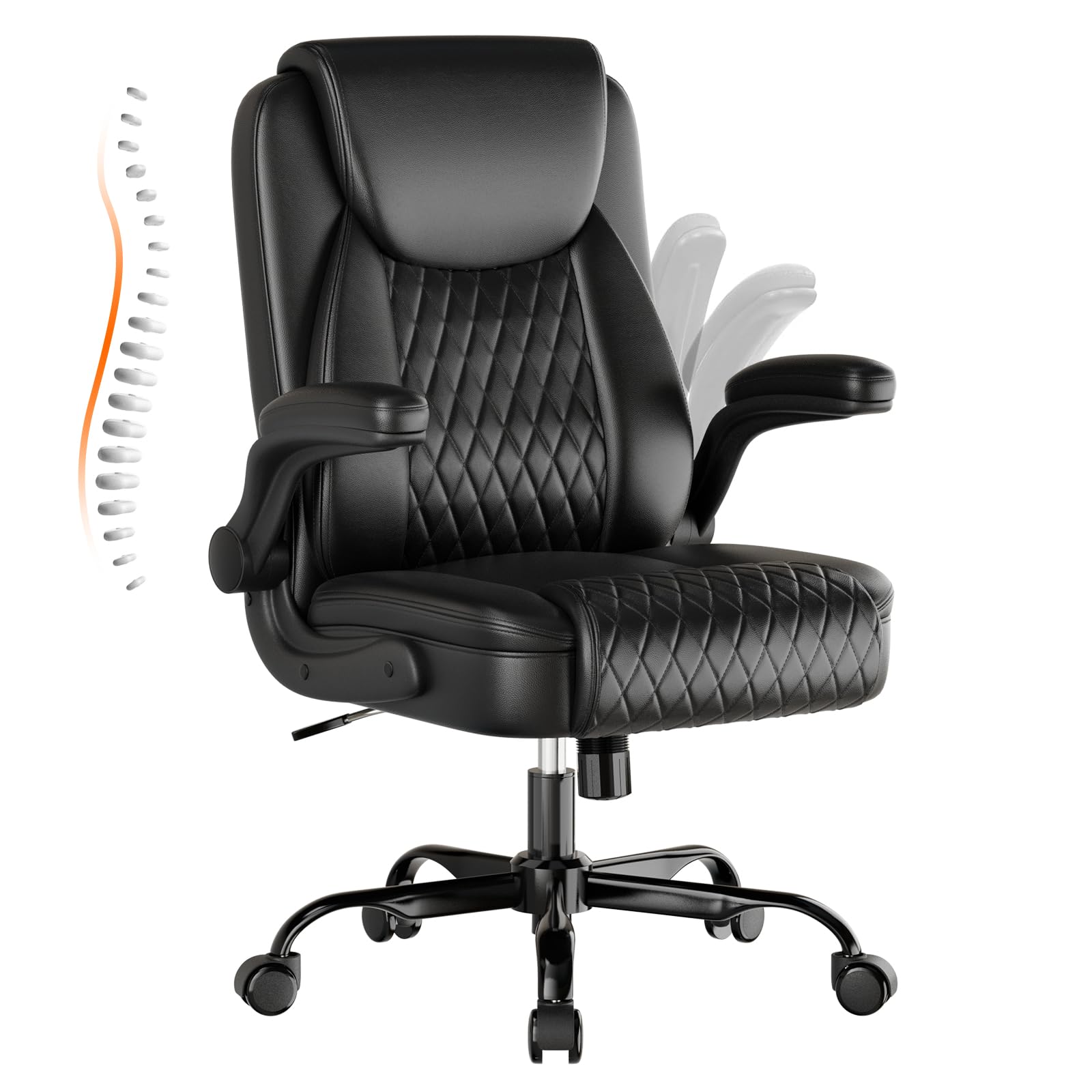 gtplayer leather office chair, home desk chair with flip-up arms and ergonomic back - comfy heavy duty executive chair for home office gaming, black
