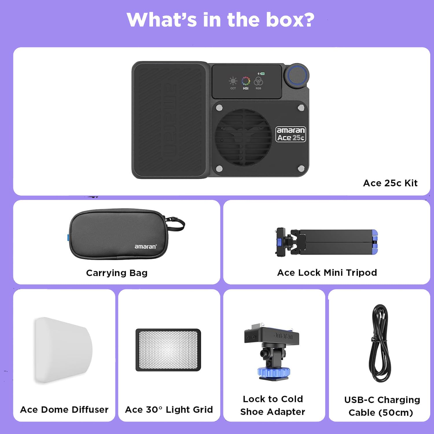 Amaran Ace 25c Kit RGB Video Light,25W on Camera Pocket Video Light CCT 2300k-10000k, 5,908 lux @ 0.5m Illumination,with Rechargeable Battery and PD Charging (Charcoal)