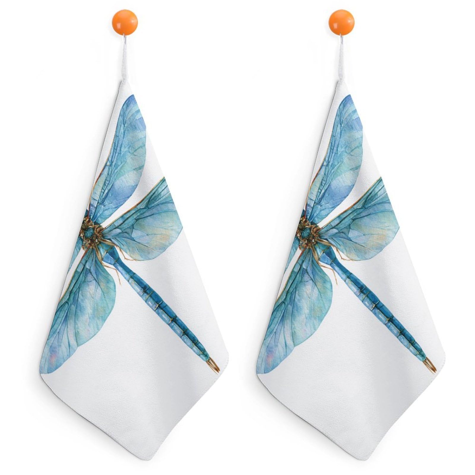 Jubonexis Watercolor A Dragonfly with Translucent Blue Wings Small Hand Towel with Hanging Loop 2 PCS Absorbent Soft Wash Cloth for Kitchen Bathroom