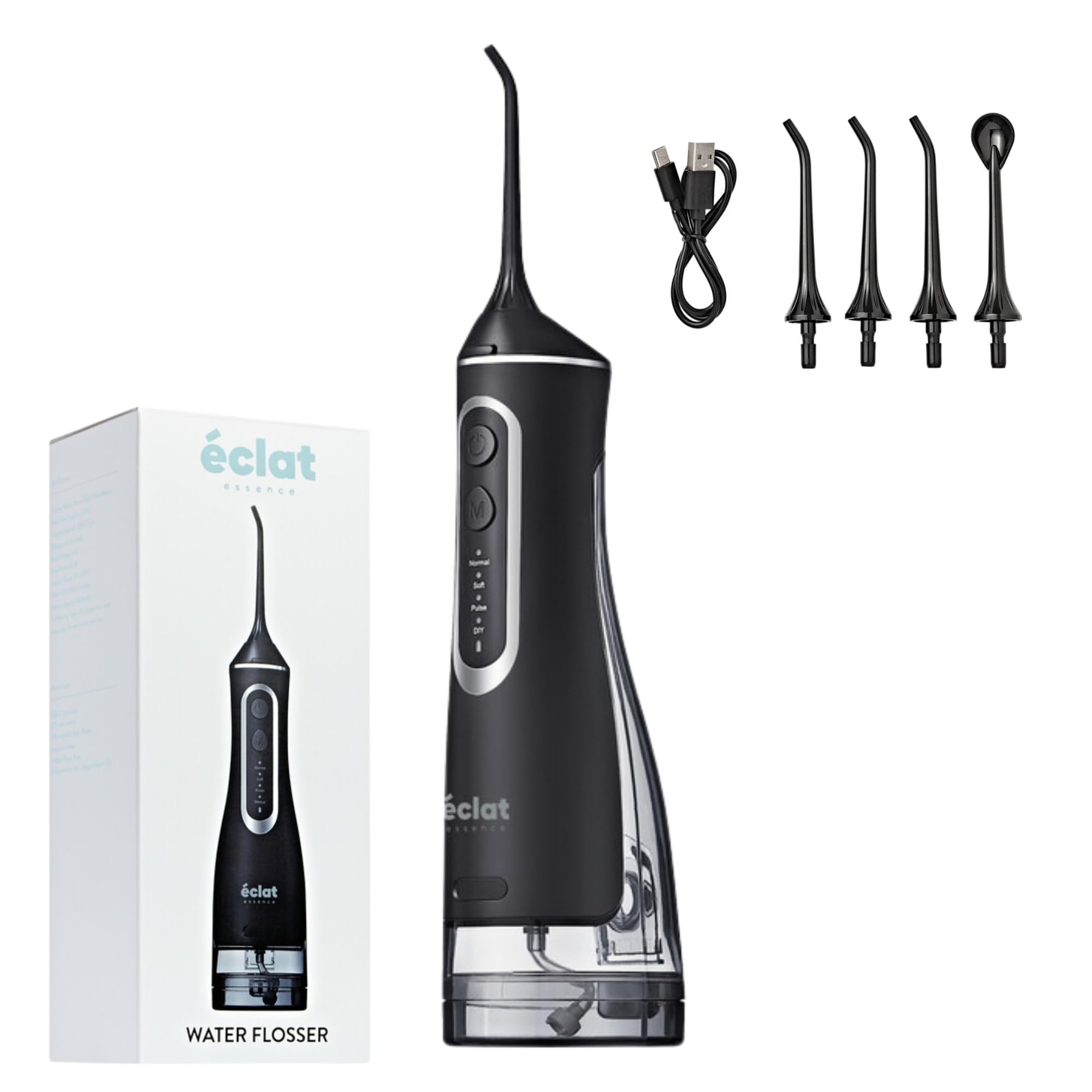 Éclat Irrigador dental eléctrico portátil impermeable para limpieza profunda de dientes, doble tanque de 320 ml, recargable por USB-C, carga de 30 días, 4 accesorios incluidos sin BPA (negro)