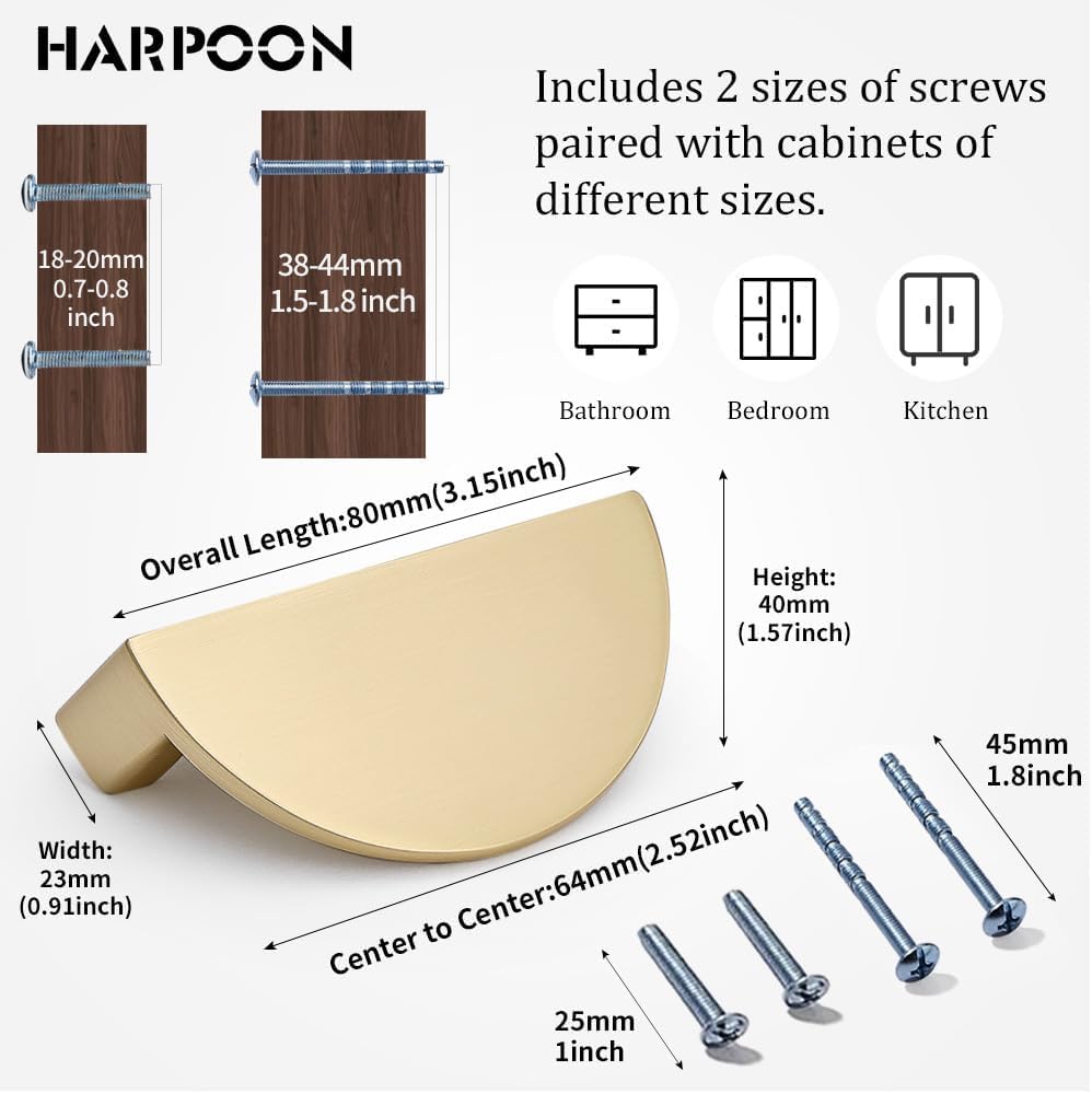 HARPOON Cabinet Cup Pulls,Modern Pull Drawer Handle Wardrobe,Kitchen Bar Cabinet Hardware 10 Pack,2.5 inch(64mm) Hole Center Brushed Brass