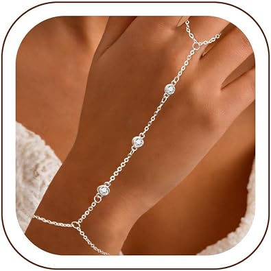 Ring Bracelet Hand Chain for Women, Dainty Finger Ring Bracelets 14K Gold Plated Sterling Silver Plated Waterproof Non Tarnish Hand Chain Bracelet with CZ Trendy Jewelry Adjustable 7"+2"