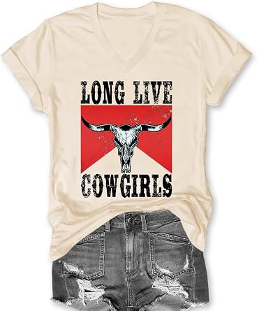 Women Long Live Cowgirls Shirt Vintage V Neck Cow Skull Graphic T Shirt Short Sleeve TopsBeige,XXL