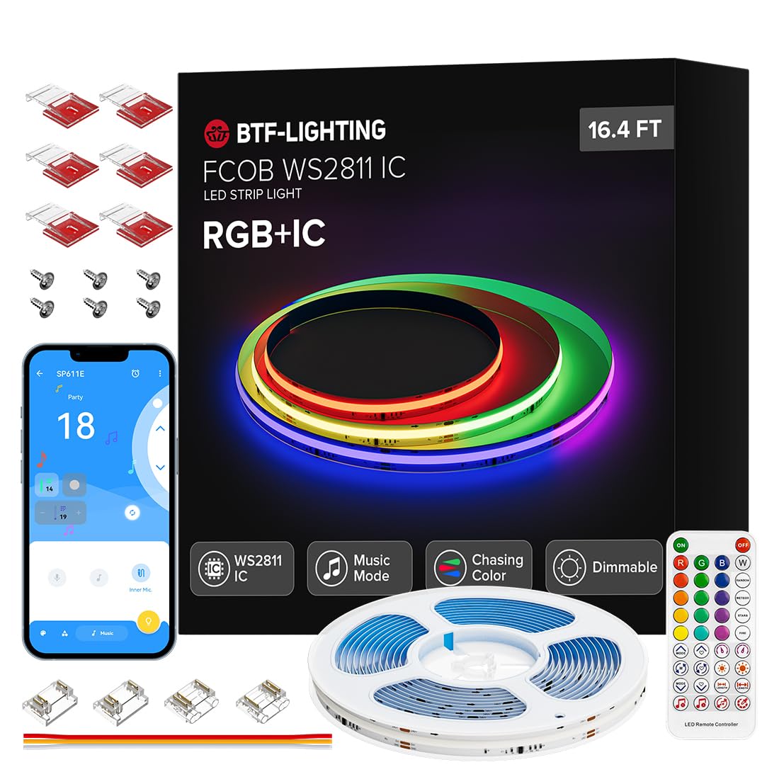 BTF-LIGHTING FCOB WS2811 IC RGB COB LED Strip 16.4FT Chasing Color Tape Light Kit DC12V 720LED/m 12mm Width Dream Color Bluetooth Sync Music Controller for Bedroom, Party, Christmas Decor White PCB