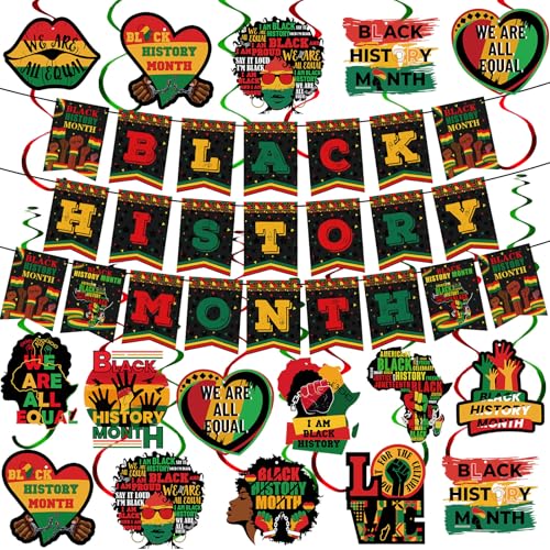 Epakh 51 Pcs Black History Month Decorations Include Black History Month Banner Africa American Hanging Swirls National African American Decorations for Freedom Party Supplies