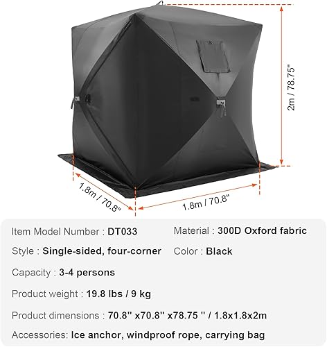 Miniatura 7 de VEVOR Portable Pop-Up Tent, 1-8 Person Insulated Shelter, Large Fishing Area, Hub-Style Shanty for Winter Fishing, Waterproof Oxford Ice Cube with
