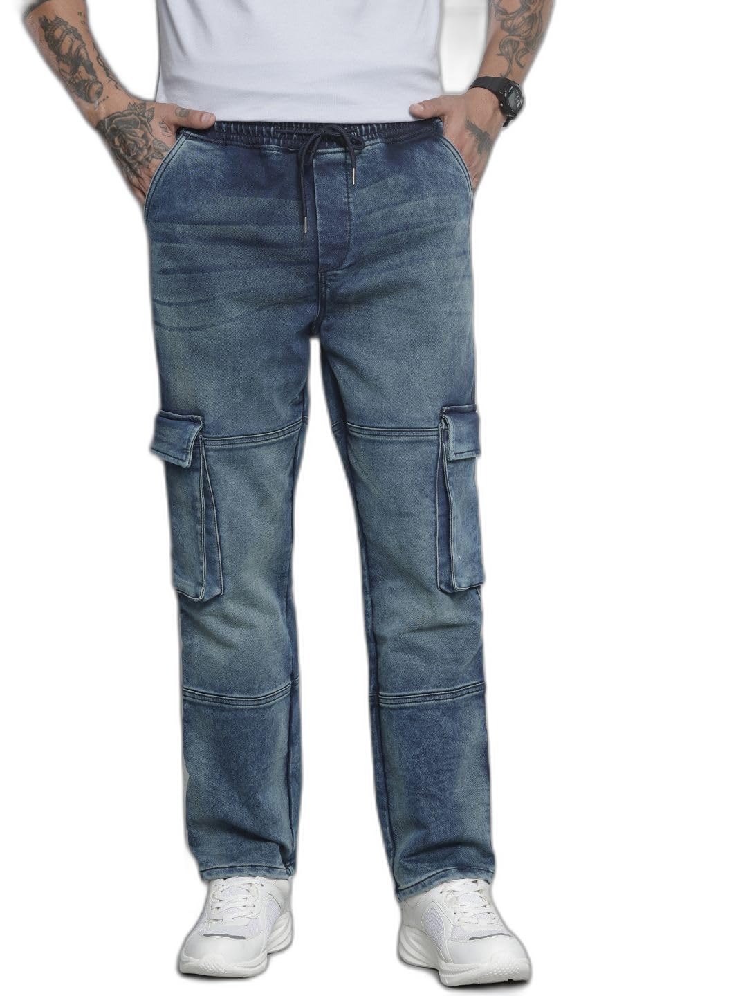 Men Relaxed Fit Mid-Rise Stretchable Denim Joggers-image-1