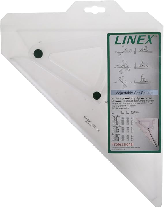 Linex Set Square Adjustable Precision 0.5 Degree Scale Bevelled Edge Long 250mm Clear Ref LXB1120/10B