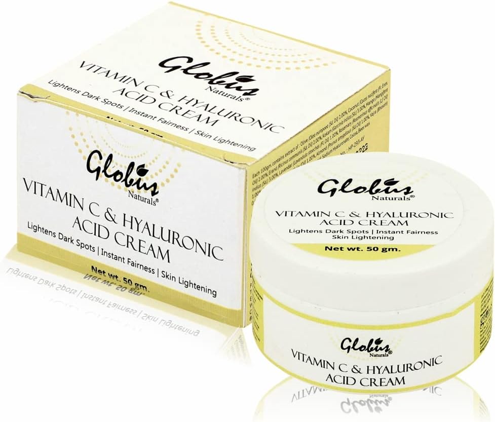 Globus Naturals Hyaluronic Acid and Vitamin C skin Lightening Brightening Cream For Beautiful & Glowing Skin| Lightens dark spots 50 gm