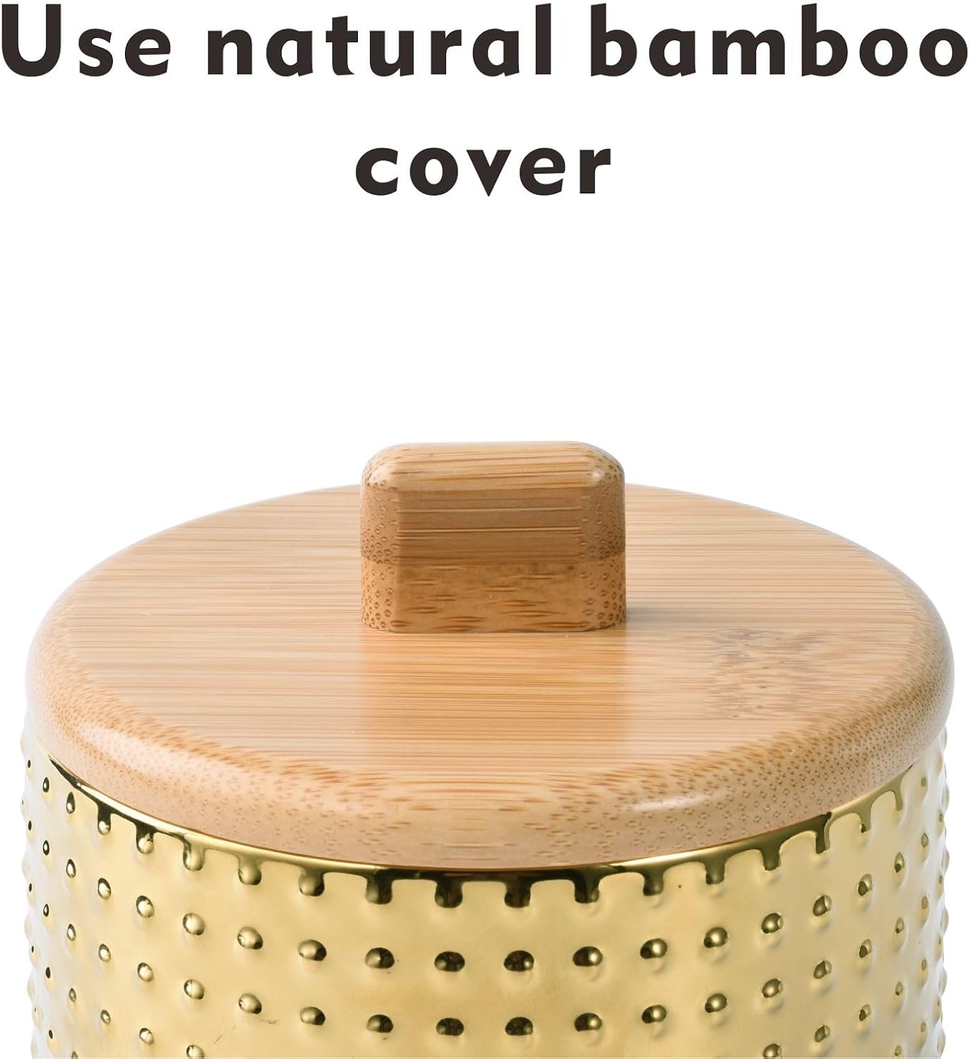 Salt Cellar Keeper with Bamboo Lid, 14oz Big Capacity Ceramic Sugar Bowls Pepper Box, Golden Water Dot Seasoning Container Condiment Pot for Kitchen (Gold Color)