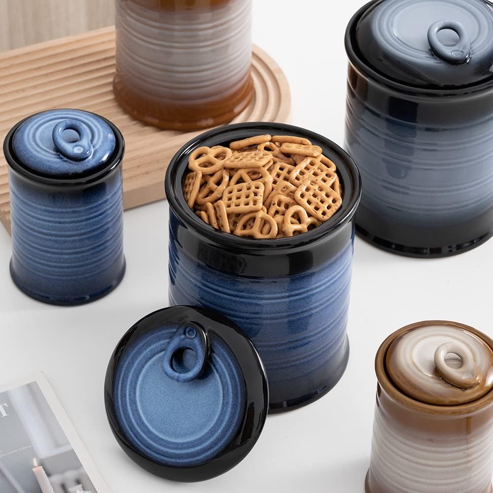 Nihow Food Storage Jar Sets: Ceramic Container with Air Tight Lid for Flour/Sugar/Rice/Coffee/Cookies/Candy - Seal Damp-proof Canister for The Kitchen Counter - Set of 4 （Blue & Black） - Image 5