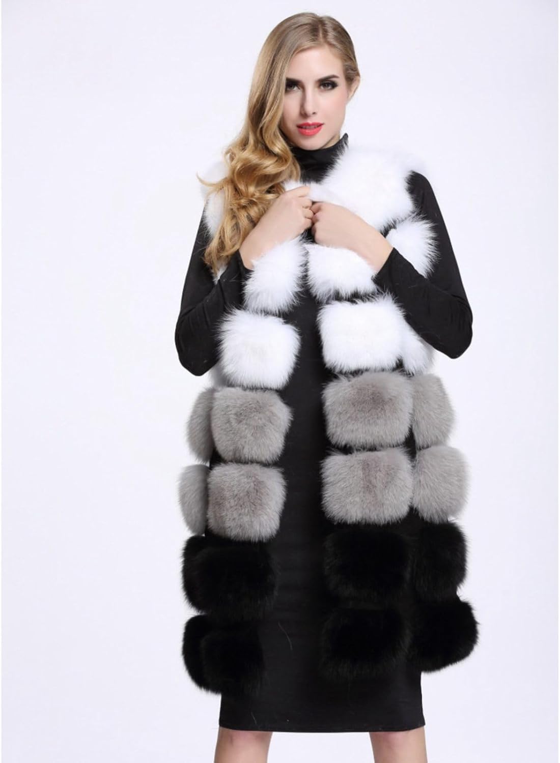 [RAMEMO] レディース 毛皮ベスト ファー ロング 膝丈 キルティング 3切り替え 秋冬 キツネ調 ボアベスト 毛皮ジャケット