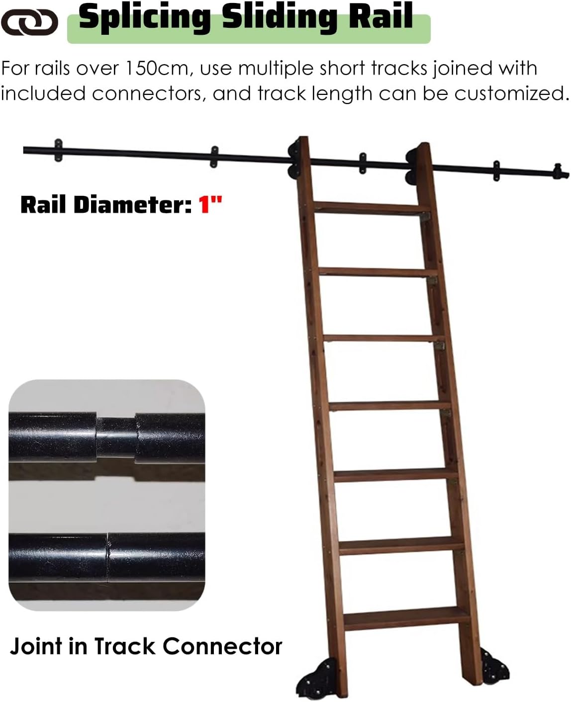 Adjustable Rolling Library Ladder Track Kit - Telescoping Hook Rails for Bookshelf, Loft, Office, Warehouse - Rustic Black Design for Easy Access