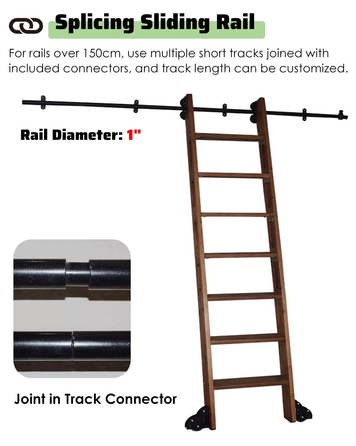 Bibliotheksleiter Hardware-Set für Mobile Bibliotheksleiter mit Unterem Bremsrolle, Teleskopische Obere Rollen für Bücherregal und Lager, Rundrohr(9.5ft/114in/290cm)
