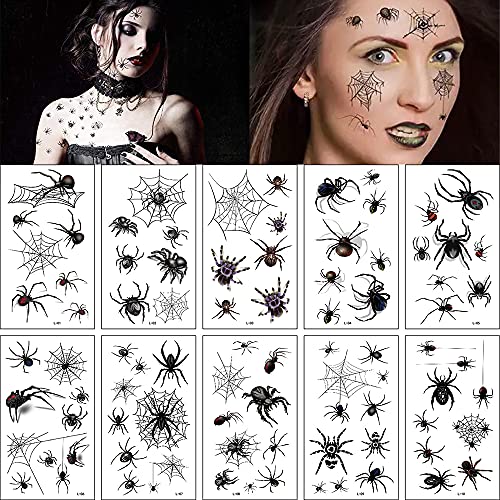 CCFUN 10 Sheet Halloween Scary Spider Temporary Tattoos Kits Fake Tattoo Stickers Spider Web Spider Waterproof Tattoos Sticker for Adults Kids Halloween Body Art Decorations Party Cosplay Supplies