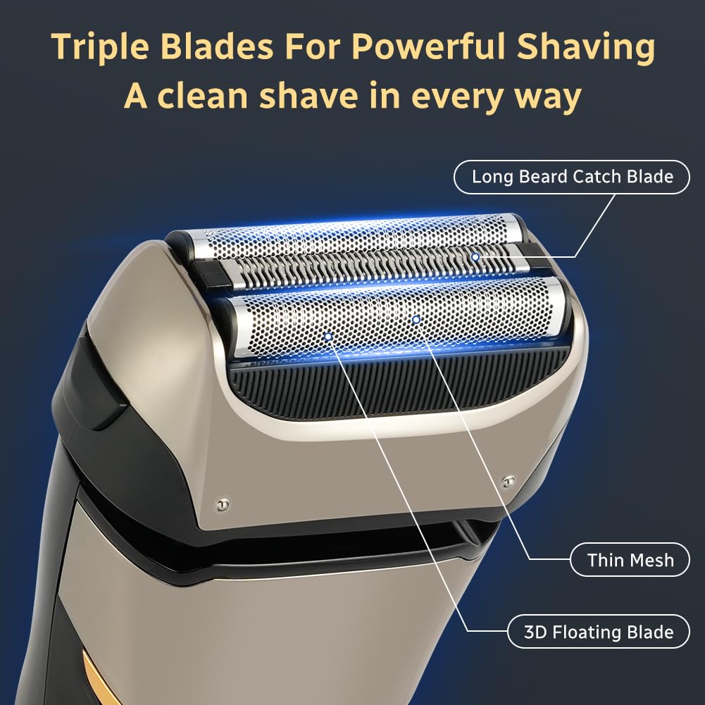 AOOWU Rasoio Elettrico Barba, 2 In 1 Ricaricabile Regolabarba Uomo, Wet & Dry Foil Shaver con 3 Lame, 7500 Giri/Min Portatile Rasoio Elettrico da Uomo, Display Digitale di Potenza, IPX6, Idea Regalo