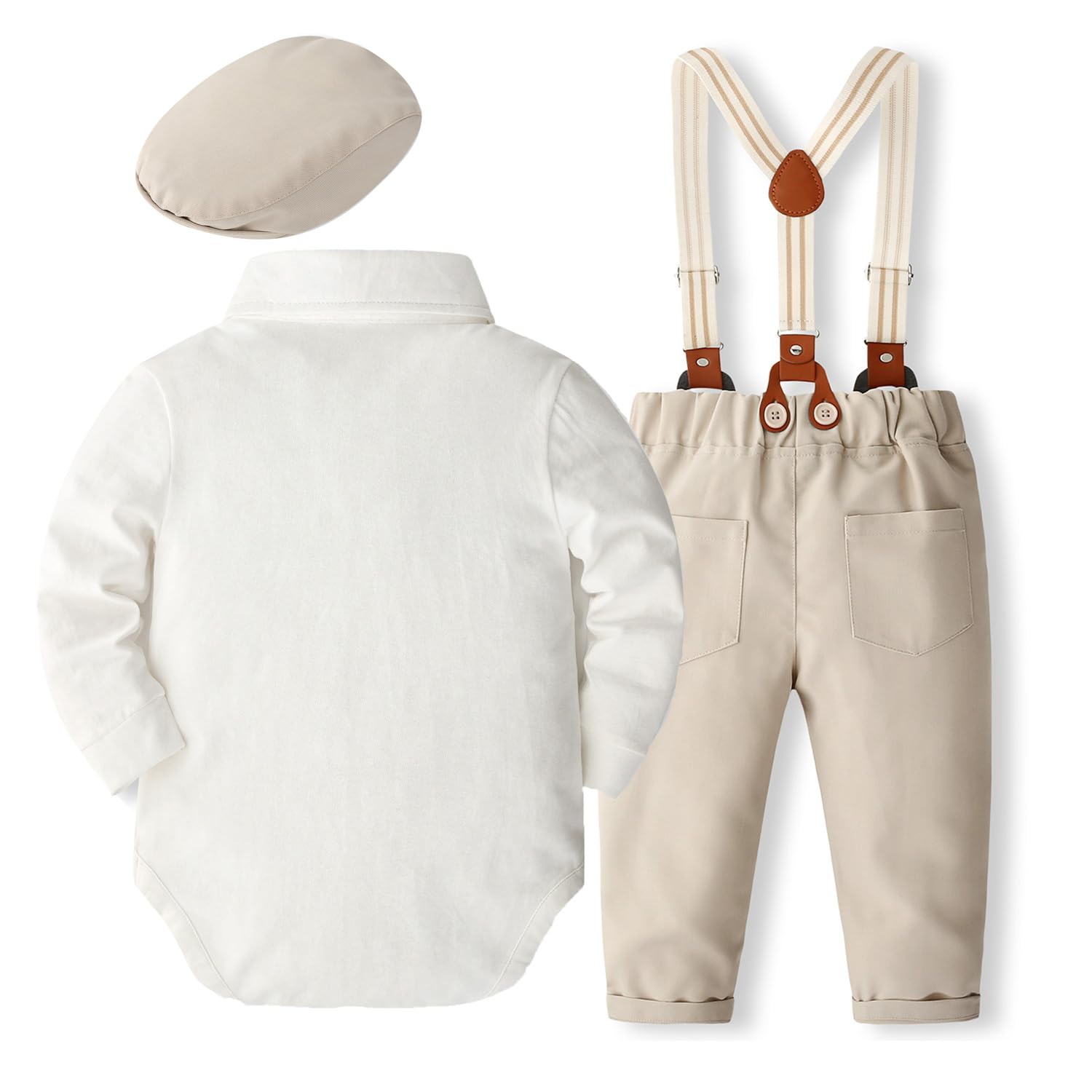 SALNIER Baby Boy Dress Suit Clothes Sets Infant Tuxedo Gentleman Suits Outfits Bowtie Shirt Suspenders Pants Beret Hat 0-24M(L-beige,12-18 Months)