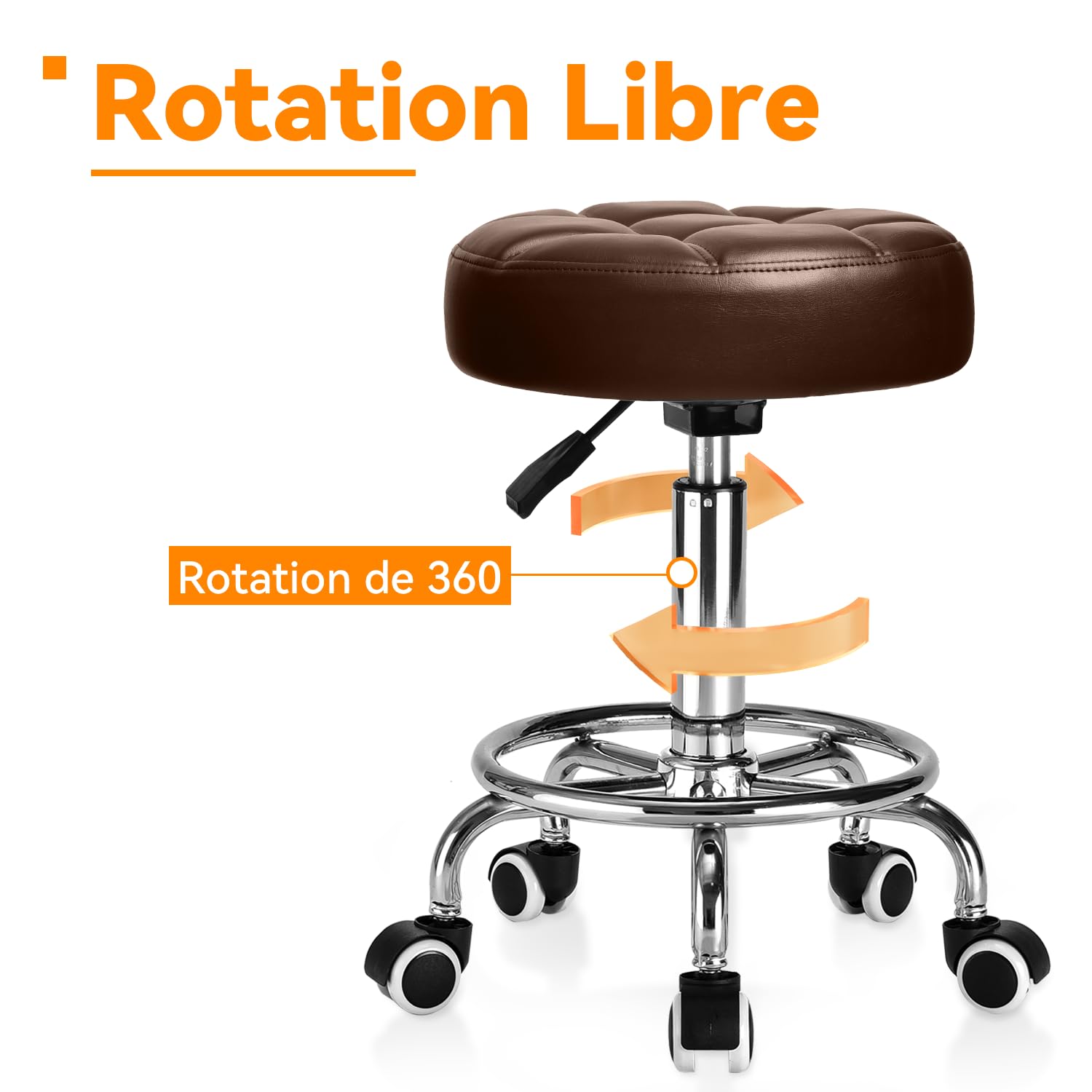 Tabouret Bureau à Large Cousin,Tabouret à Roulettes avec Repose-pied,Tabouret Roulettes Professionnel Réglable en Hauteur,Tabouret a Roulette avec Structure Métallique Robuste pour Cuisines (Marron)
