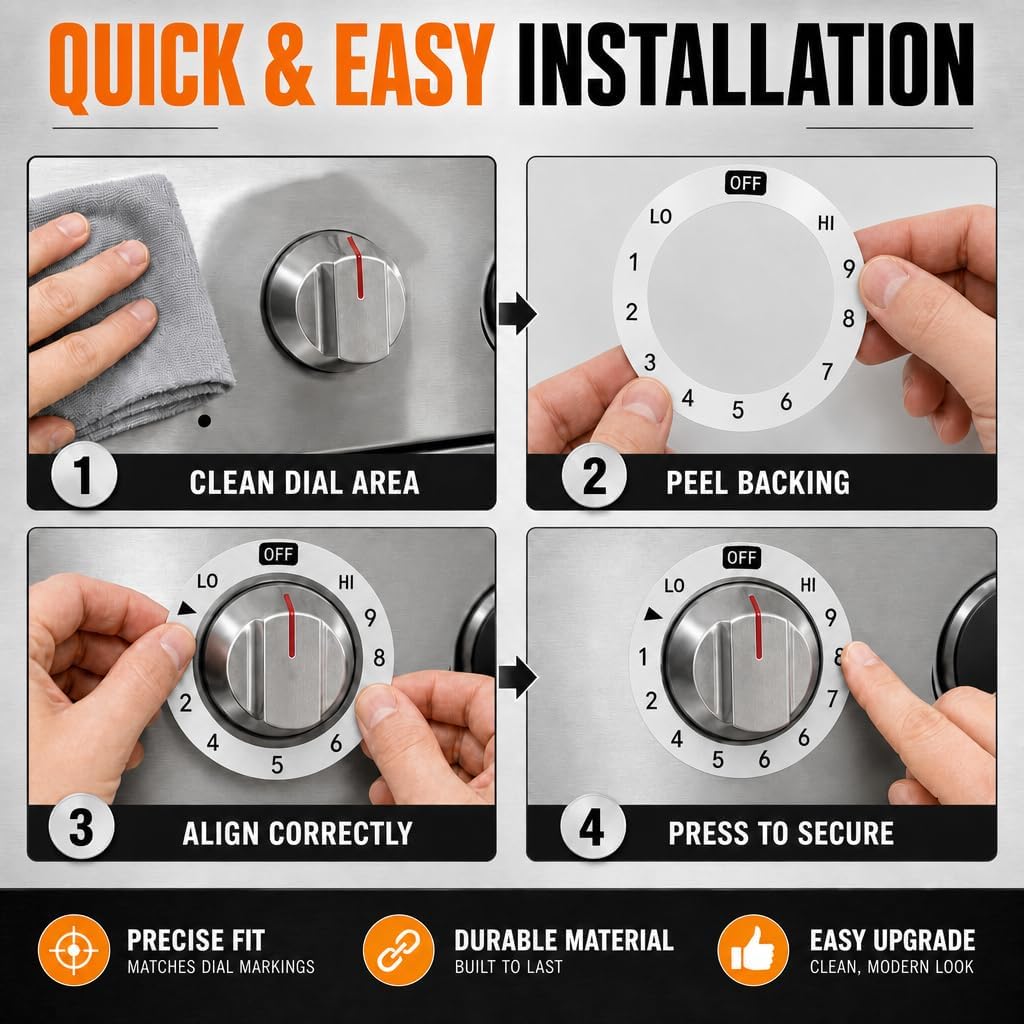 Stove Dials Stickers, Stovetop Knob Symbols Decals for Replacement, Adhesive Stickers for Top Burner Control Dial, Range Oven, Gas Stove Knob Burner Identification, Black Symbols on Silver Background