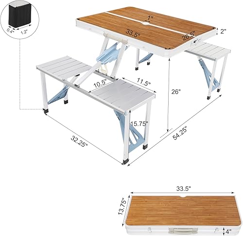 Miniatura 3 de WEI WEI GLOBAL Juego de mesa de picnic plegable portátil - Maleta de aluminio para exteriores con 4 asientos - Grano de madera