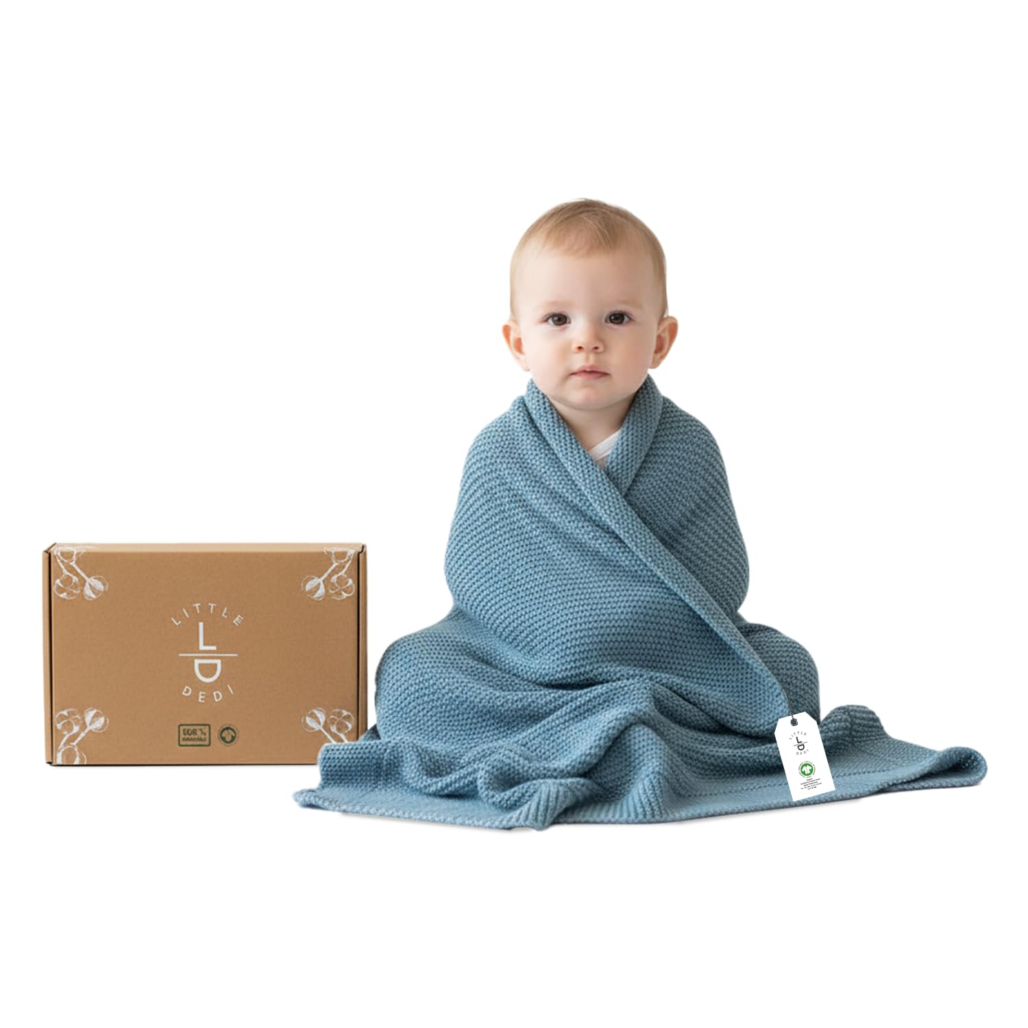 Little Dedi Weiche Babydecke Strick aus 100% Bio-Baumwolle GOTS Zertifizert, 80x100 cm. Rauchblau- Erstausstattung für Neugeborene, in Geschenkbox für Neugeborene Babys