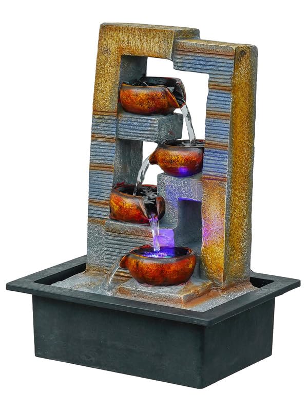Image of Multicolor Polyresin Tabletop Designer 4 Step Indoor Water Fountain for Home Decor with LED, Speed Control Pump (Size: 29 x 22 x 40 CM | Weight: 1740Gram)
