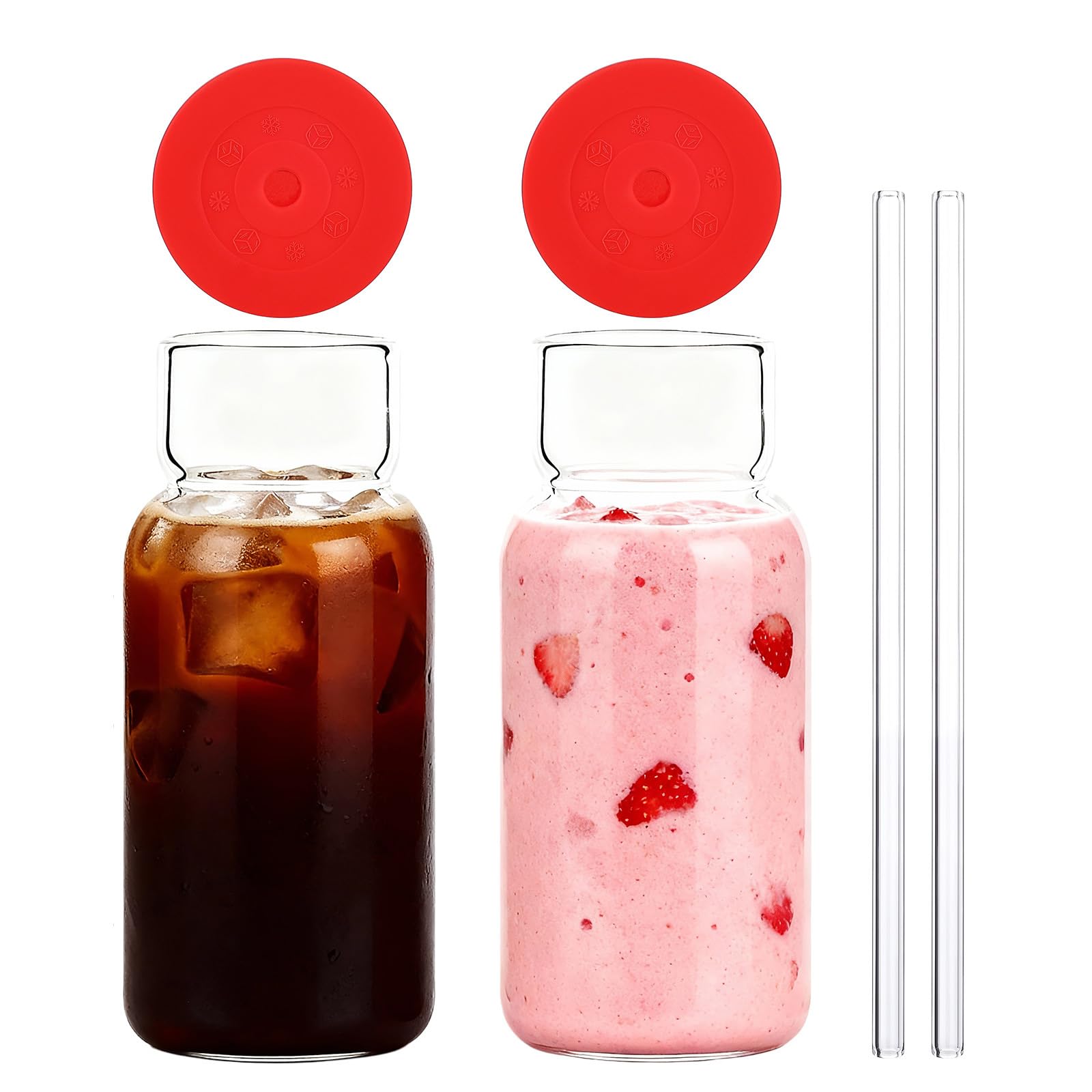 Glasbecher mit Deckel und Strohhalm, 2er-Set, 500 ml Borosilikatglas, wiederverwendbare Trinkbecher mit Silikondeckel & Glasstrohhalm für Eiskaffee, Smoothie, Saft