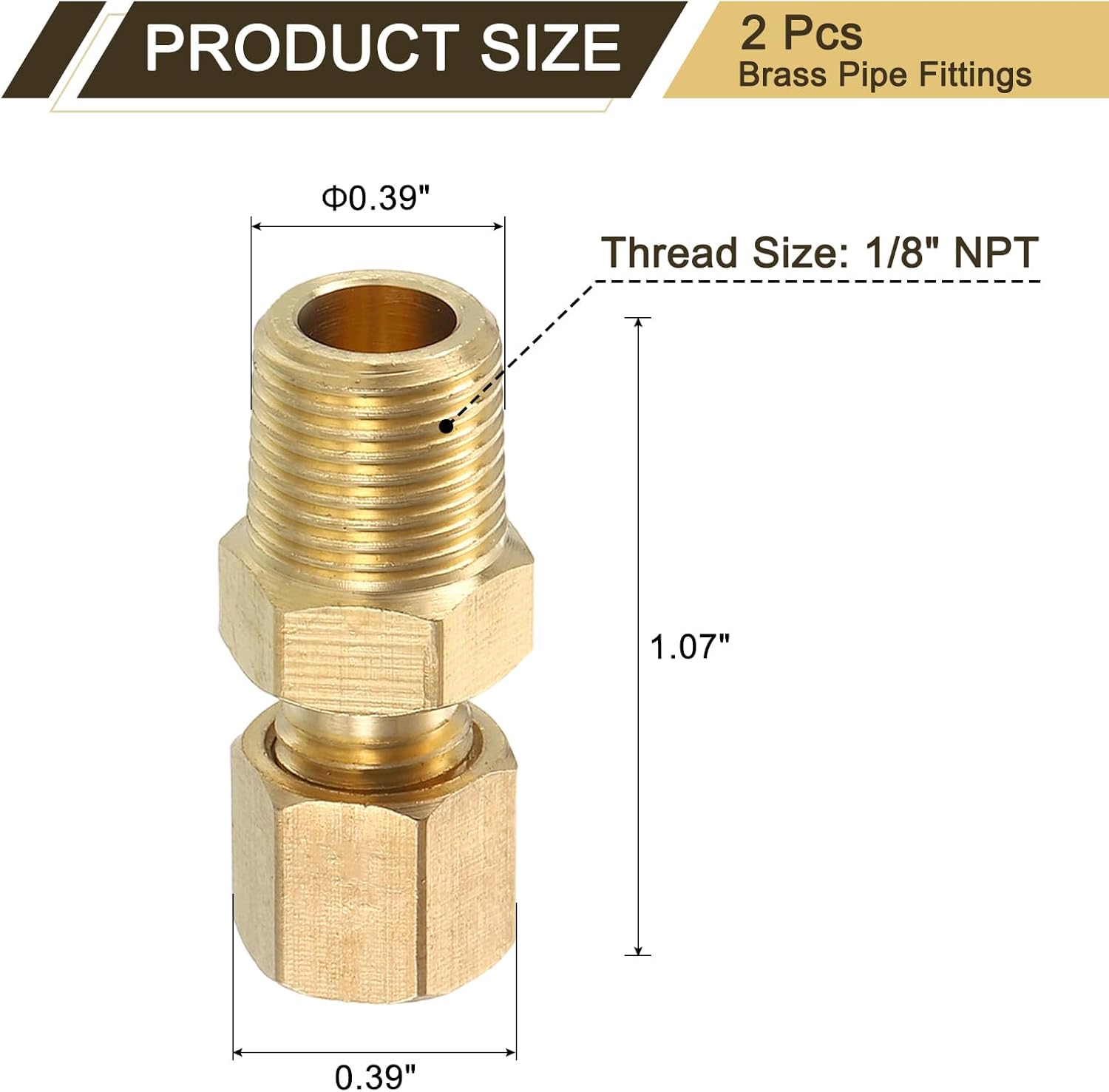 uxcell 2Pcs Brass Pipe Fitting, 1/8" OD x 1/8" NPT Male Brass Compression Tube Fitting, Brass Compression Union Connector, Brass Straight Coupling Adapter Fitting Fit 1/8" Pipe