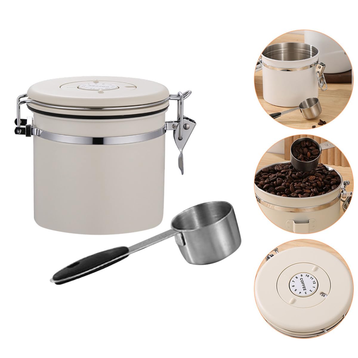YARNOW Bote Hermético Adecuado para Conservar Granos de Acero Inoxidable con Cuchara 1.2l para Almacenamiento de Café y Té, Estanqueidad y Diseño Beige