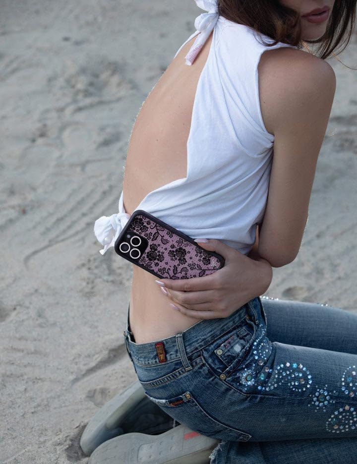 Image of Wildflower Cases - Compatible with iPhone 16 | Protective Black Bumper, 6.5ft Drop Test Certified, Women Owned Small Business | Pink Black Floral Rose Aesthetic Trendy | Lace Lover