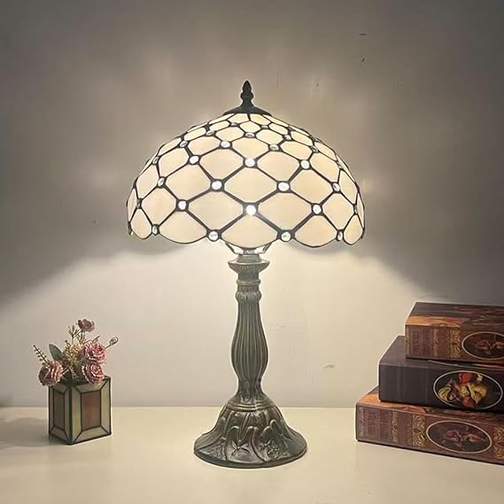 BOTOWI Tiffany Style Table Lamp Touch Control Lamp 12X12X19 Inch Tiffany Reading Light Antique Glass Desk Decor Lamp for Bedside,White Beads