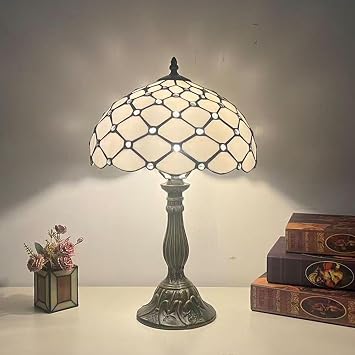 BOTOWI Tiffany Style Table Lamp Touch Control Lamp 12X12X19 Inch Tiffany Reading Light Antique Glass Desk Decor Lamp for Bedside,White Beads