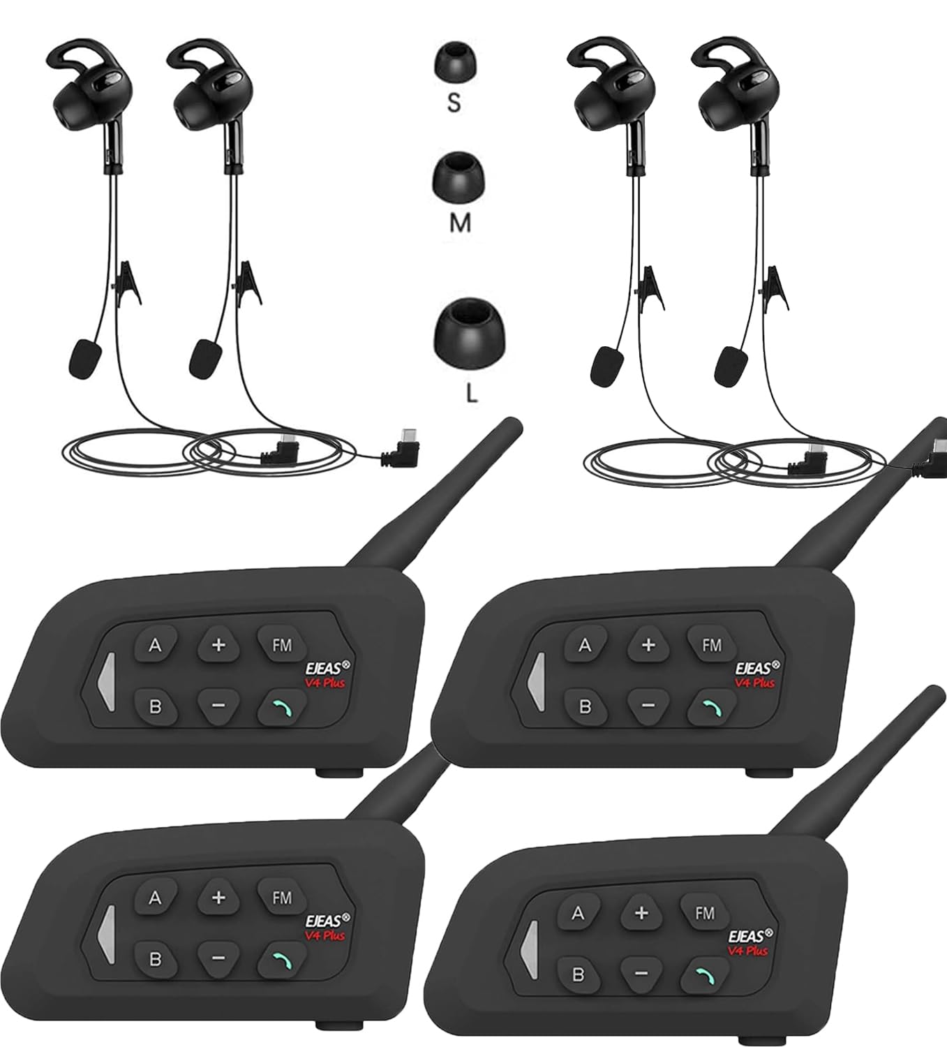 SolaMr V4C PLUS Interfono Arbitro, Bluetooth 5.1 Interphone per Orecchio Destro con Riduzione del Rumore CVC, Radio FM e Intercomunicazione a 4 vie per una Distanza di Fino a 1500 m - 4PACK