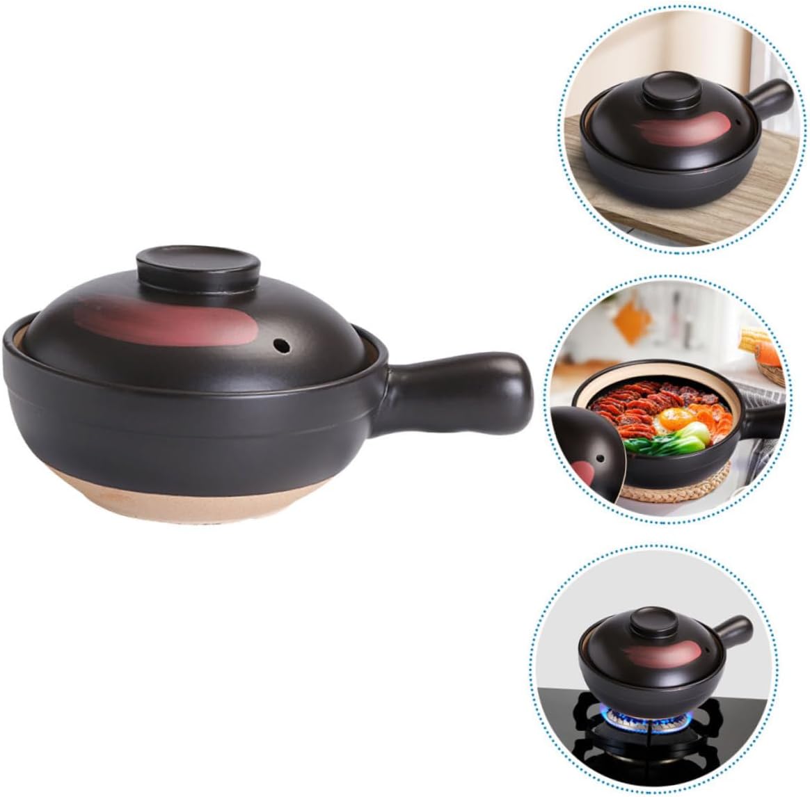 PRETYZOOM Large Black Red Patterned Clay Casserole Pot with Handle for Household Stove Use High Temperature Resistant Terracotta Cooking Pot for Stewing Soup Rice and Porridge with