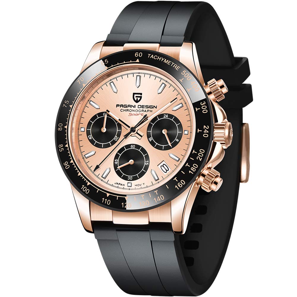 Pagani Design PD-1644 watch with rose gold case and black rubber strap, featuring a chronograph dial, resting on a bed of autumn leaves.