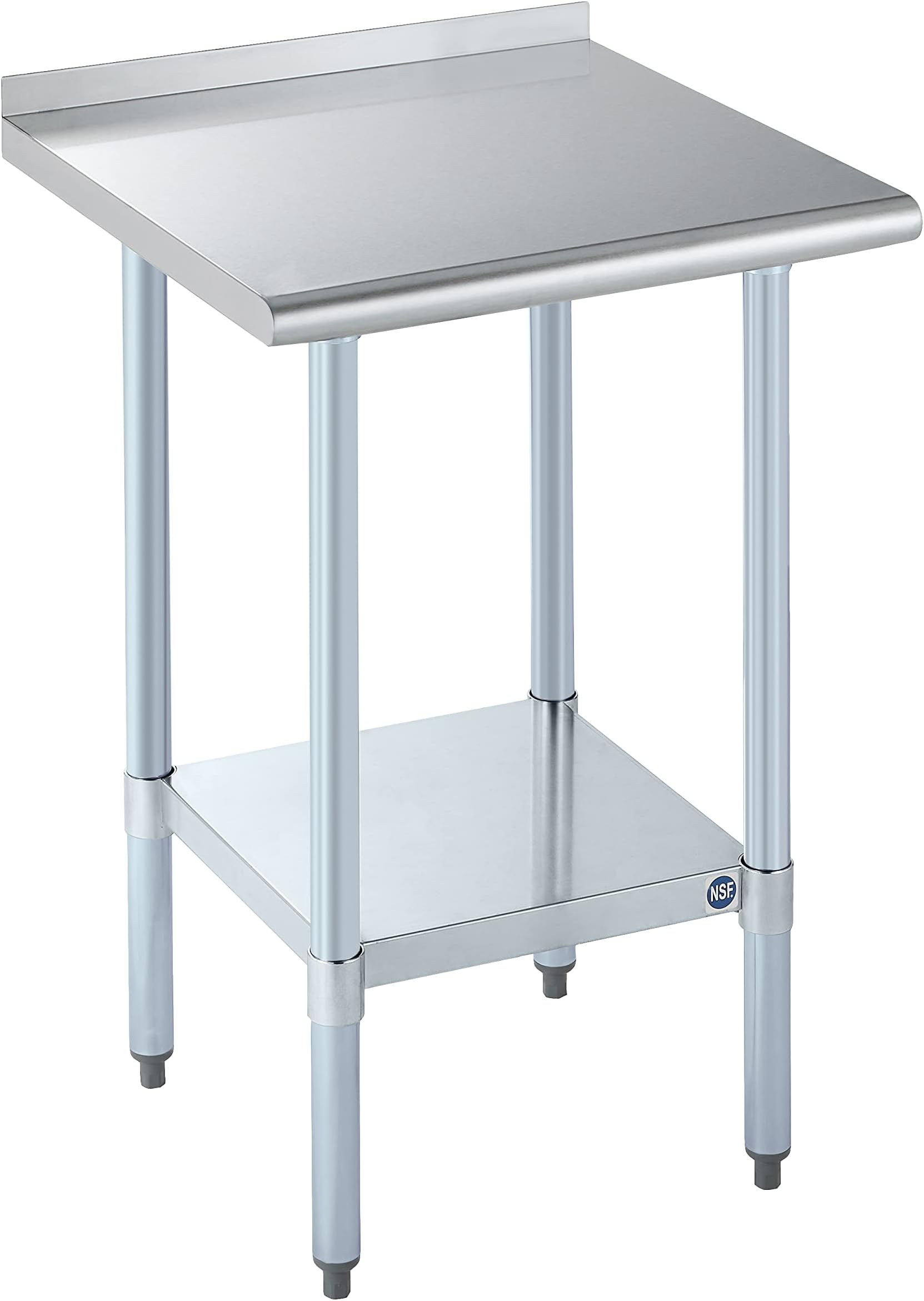ROCKPOINT Stainless Steel Table for Prep & Work with Backsplash 24x24 Inches, NSF Metal Commercial Kitchen Heavy Duty Table with Adjustable Under Shelf and Table Foot for Restaurant, Home and Hotel