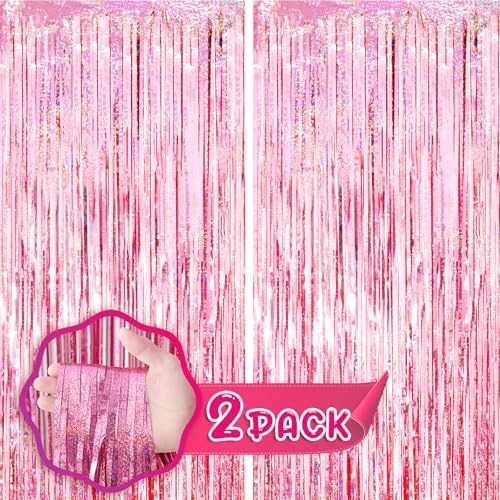 Image of Voircoloria 2 Pack 3.3x8.2 Feet Laser Pink Foil Fringe Backdrop Curtains, Tinsel Streamers Birthday Party Decorations, Fringe Backdrop for Graduation, Baby Shower, Gender Reveal, Disco Party