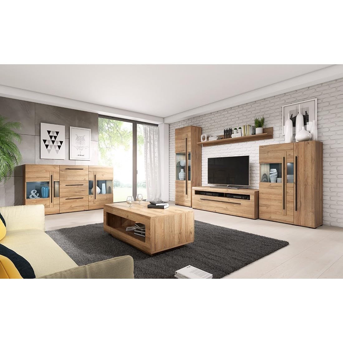 Meublorama Buffet diseño 180cm. Colección Breda Dos Puertas y Tres cajones. Color Roble.