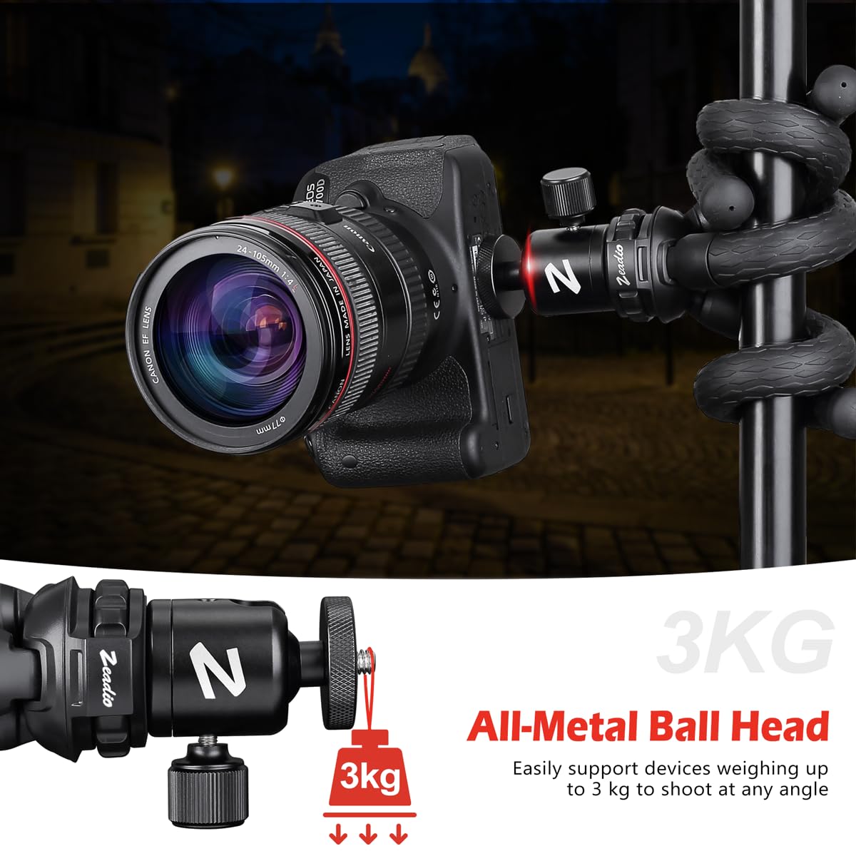 Zeadio Flexible Camera Tripod Kits, with Metal Ball Head Mount, Cellphone Tripod Holder and Wireless Remote Shutter, Fits for All iPhone and Android Smartphones Sport Camera
