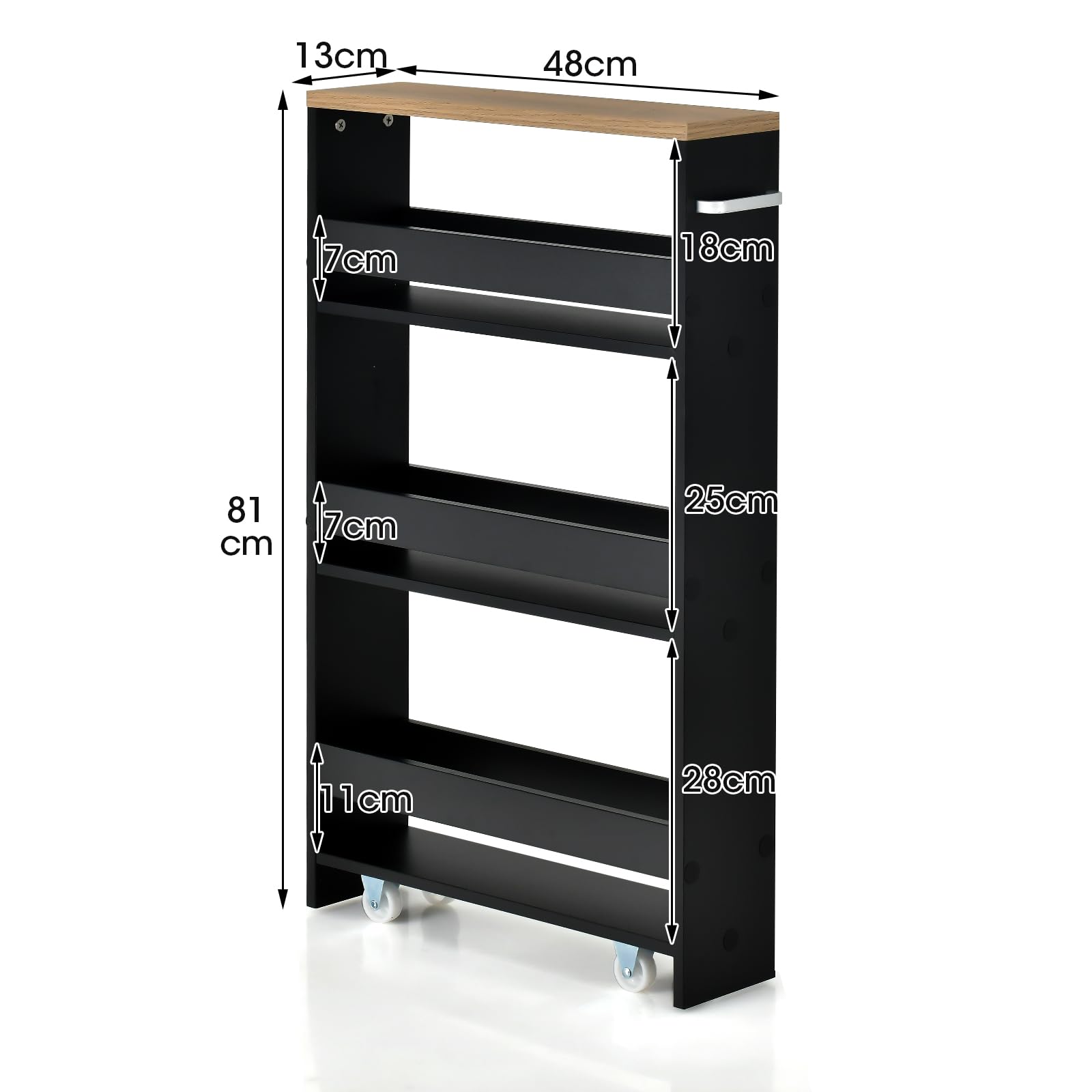 Giantex Chariot de Rangement 13 cm Large, Desserte à roulettes 4 Niveaux avec Poignée, 3 Barres, Meuble Cuisine Etroit, pour Salle de Bain, Salon, 47,5 x 13 x 80,5 cm (Noir+ Naturel)