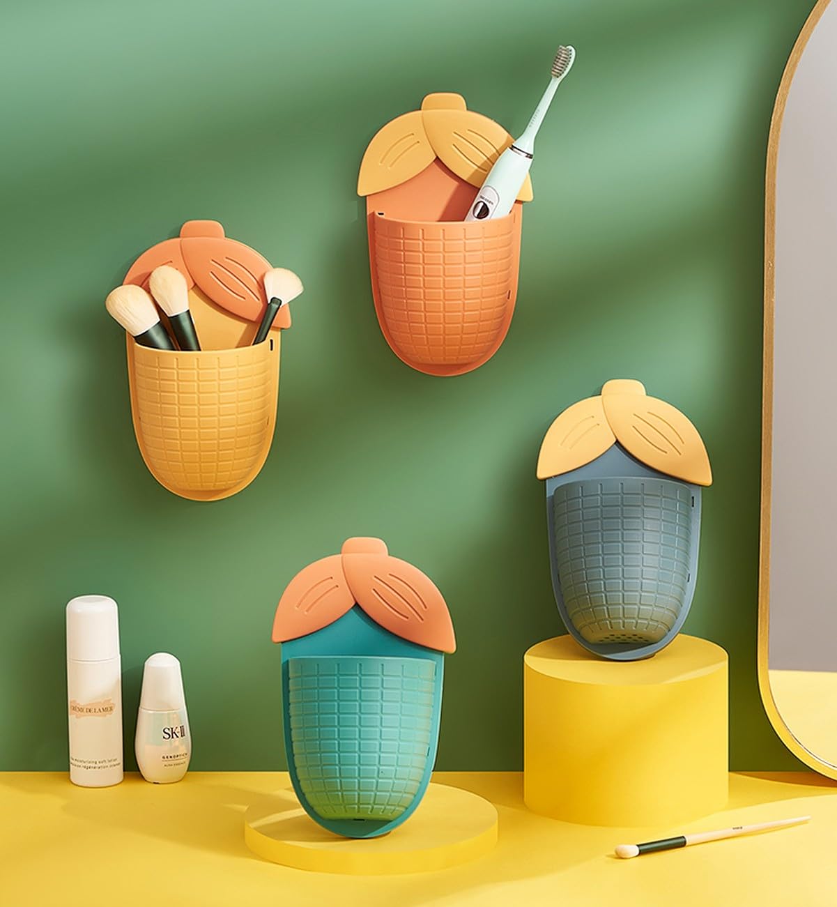 Wolpin Plastic Toothbrush Holders for Bathroom (Set of 2) | Stand for Toothpaste, Comb, Brush, Cream & Lotion | Kids Bathroom Cup, Waterproof & Self-Adhesive (Sweet Corn)