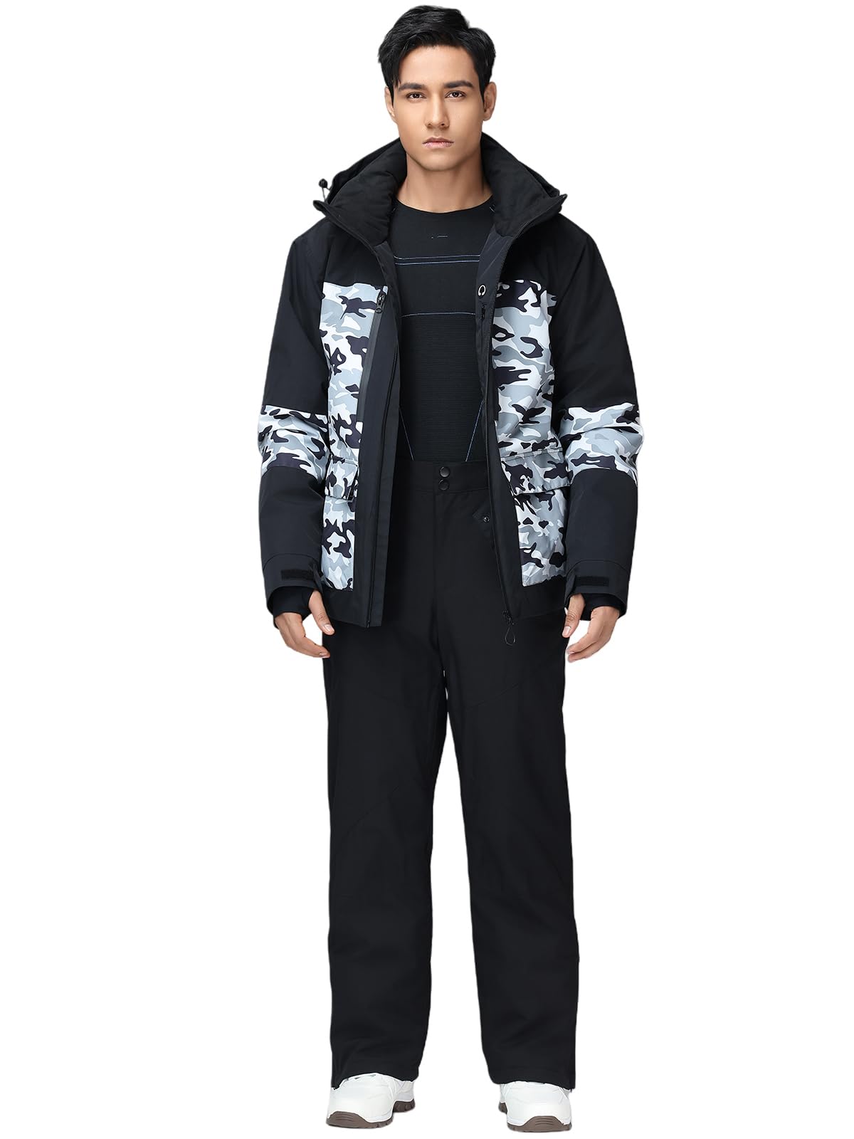 HOTIAN Conjunto de chaqueta y pantalones de esquí para hombre, transpirable, traje de esquí impermeable, resistente al viento, traje de nieve con capucha desmontable