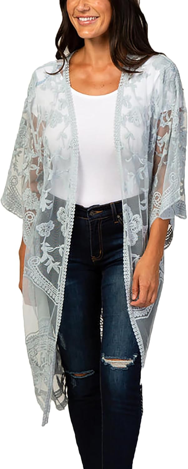 FaroDor Women Flowy Bathing Suit Kimono Cardigan Lace Crochet Swimwear Beach Cover Ups
