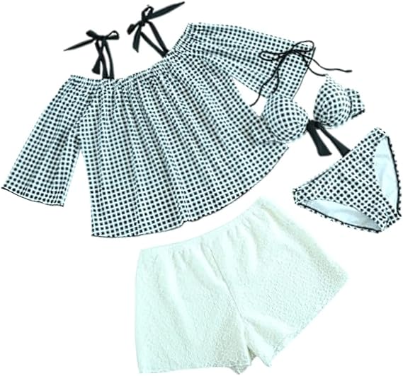 Amazon Mie Mie 水着 レディース 体型カバー オフショルダー タンキニ ビキニ ワンピース 4点 セット タンキニ 通販