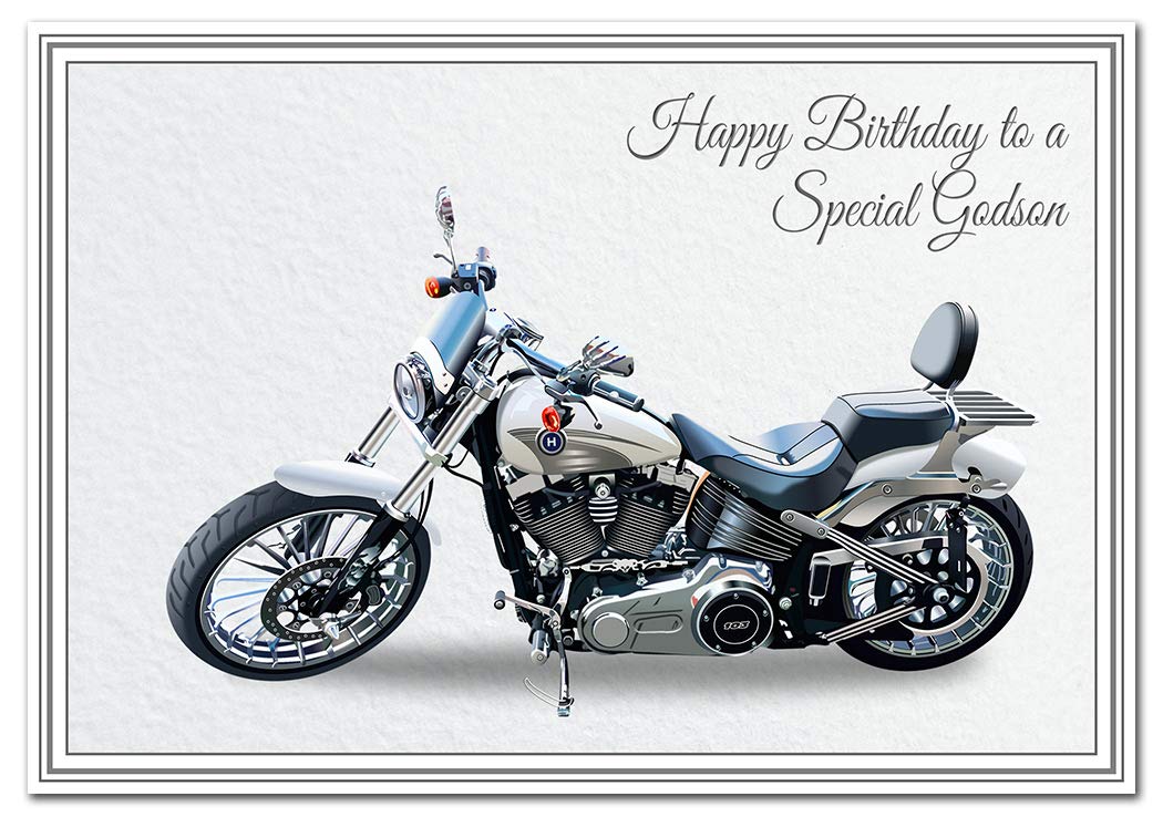 Birthday Card for Godson - Classic Motorbike Biker - Special Unique Unusual - Cool Vector Art - Adult or Teenage Happy Bday - Best Good Wishes - Quality Greeting - Blank Inside - Made UK