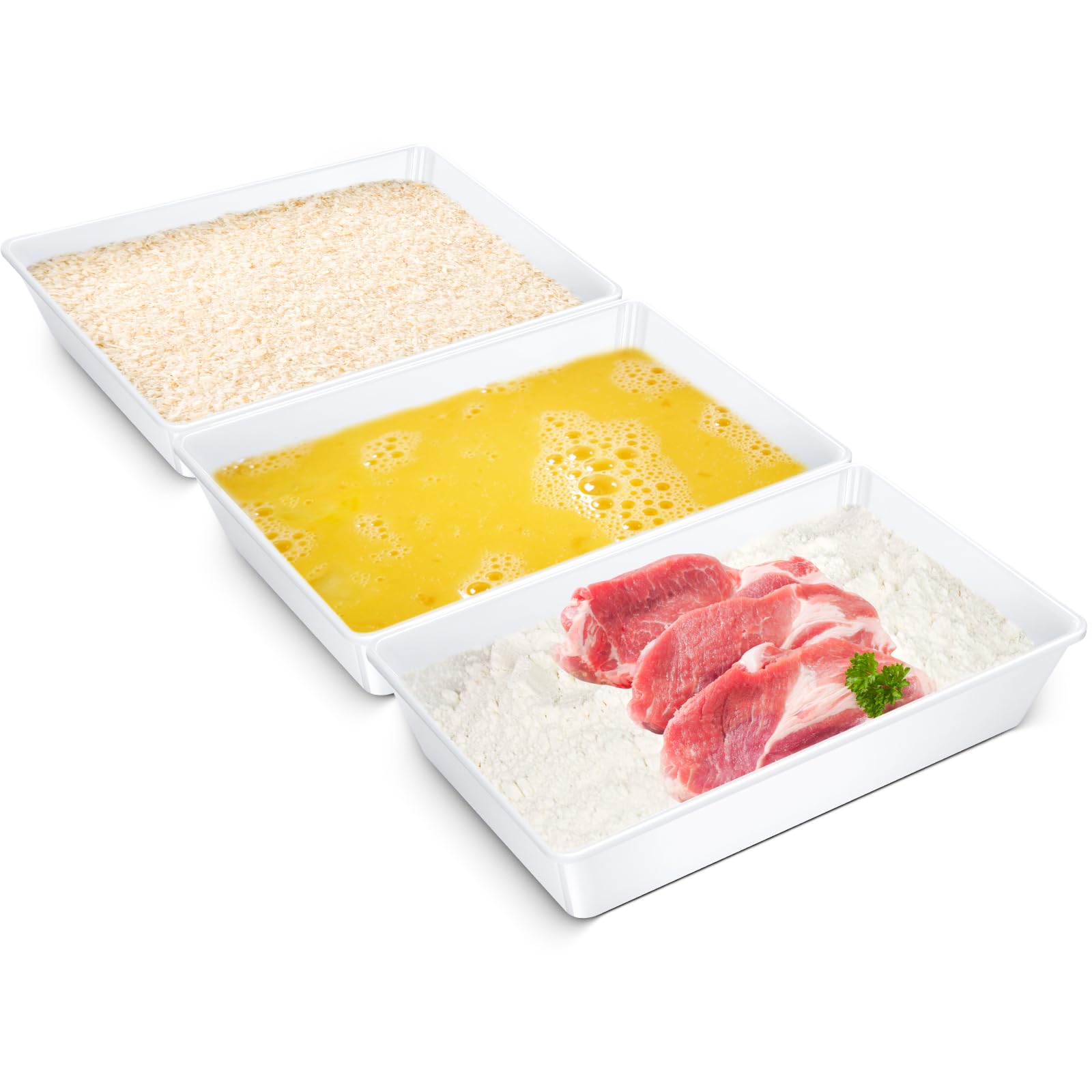 Set of 3 Breading Pans, Plastic Serving Trays Large 13.9 x 9.3 x 2.8 Inch Reusable Stackable White Platter Heightened Serving Plate for Pantry Chicken Fish Snacks Desserts for Parties