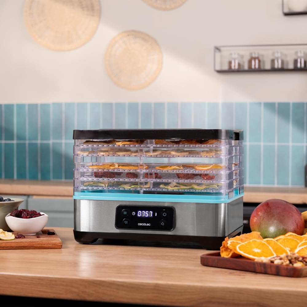 Cecotec Deshidratador de Alimentos VitaDry Pro. 300 W, Deshidratadora de Frutas con 5 Bandejas Altura Regulable, Pantalla Digital, Temporizador 30 min a 48 hs, Temperatura 35º-70º, Inox