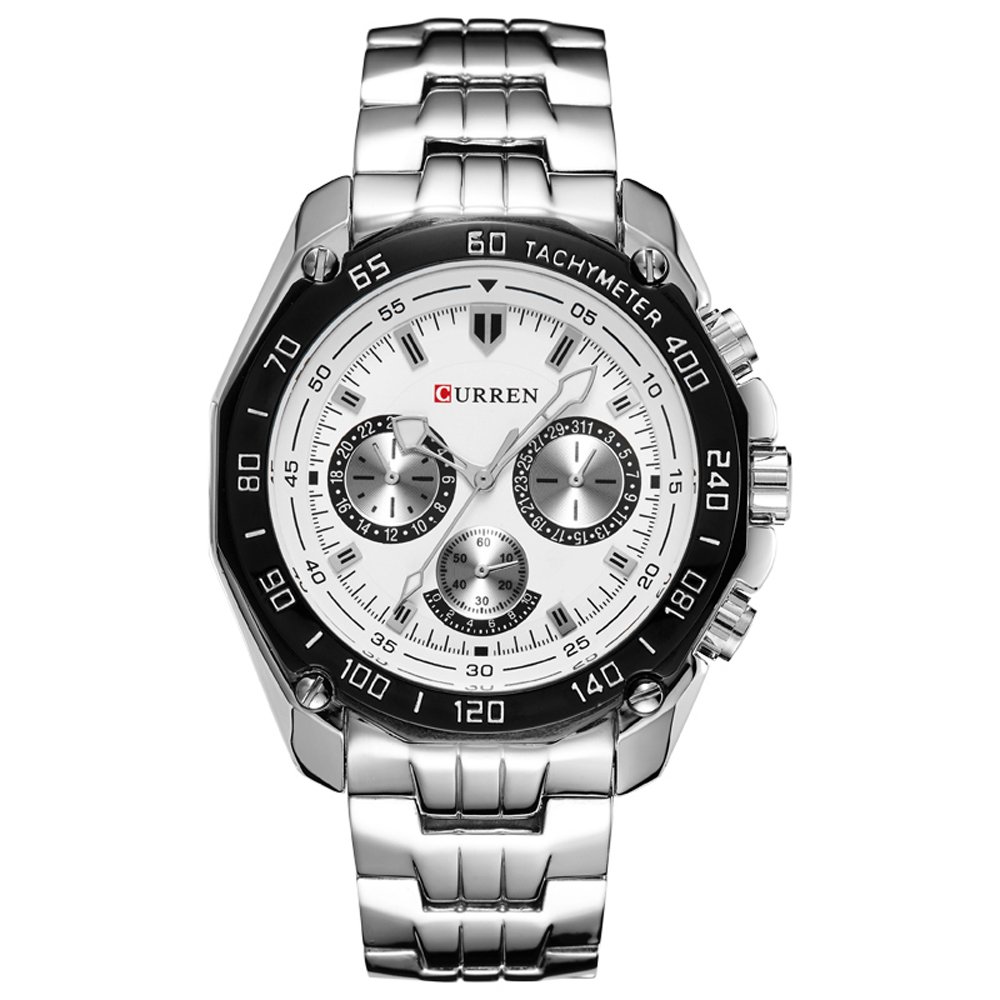 CURREN Fashion Quartz Watch Men's Casual waterproof Military Army Wristwatch New Full steel Watch (white)