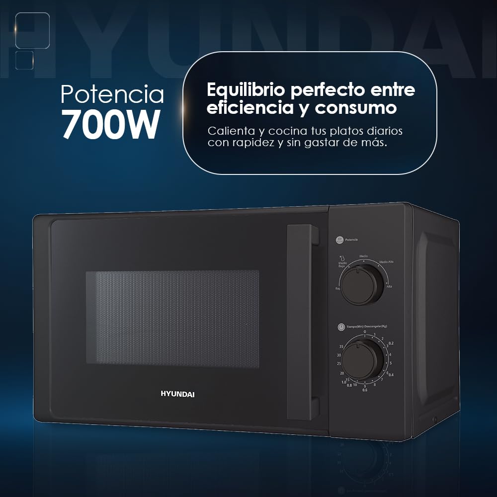 Hyundai Microondas 20 Litros Básico Cristal negro HMW2700N. 700W, 5 Programas, Modo Descongelación, Revestimiento Interior, Fácil Limpieza, Temporizador 35min.